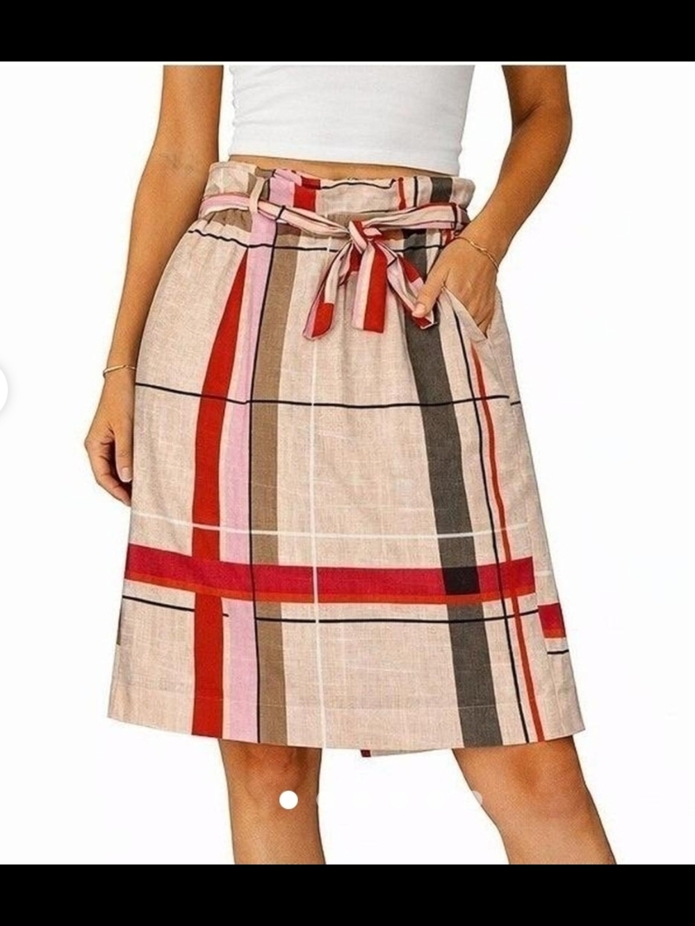 Ann Taylor Red and Pink Plaid Tie-Waist Pencil Skirt